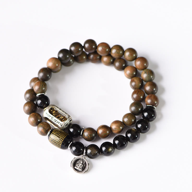 Buddha Stones Tibetan Green Sandalwood Gold Sheen Obsidian Balance Peace Double Wrap Bracelet - image 16