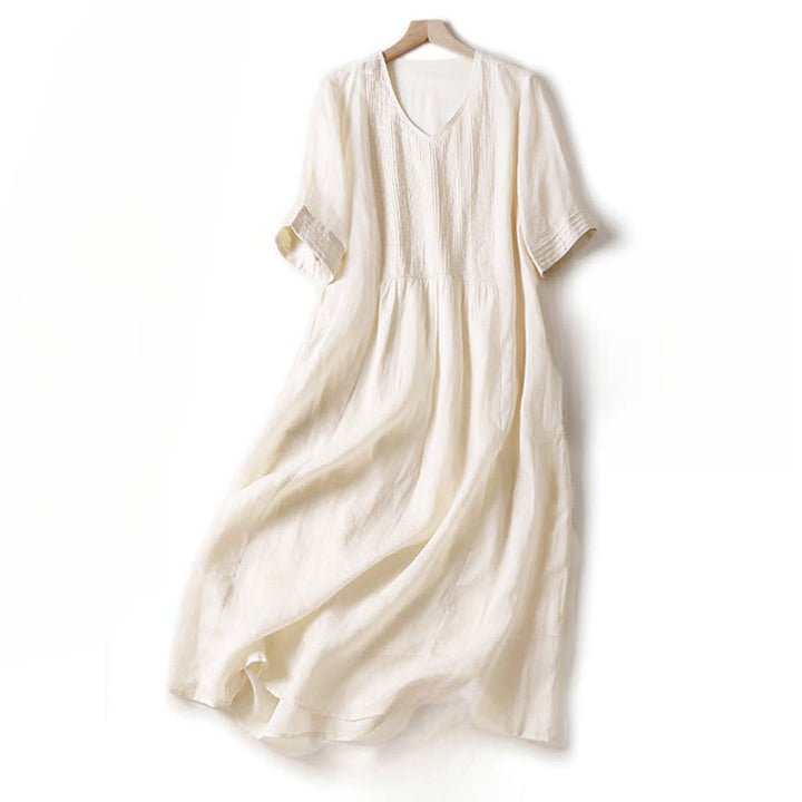 Buddha Stones Casual Accordion Pleat Plain V-neck Short Sleeve Cotton Midi Dress With Pockets - OldLace - US14,UK/AU18,EU46 (2XL) - image 30
