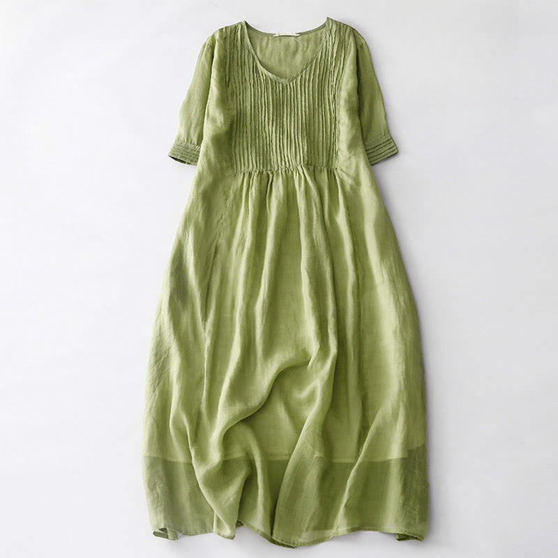 Buddha Stones Casual Accordion Pleat Plain V-neck Short Sleeve Cotton Midi Dress With Pockets - YellowGreen - US14,UK/AU18,EU46 (2XL) - image 12