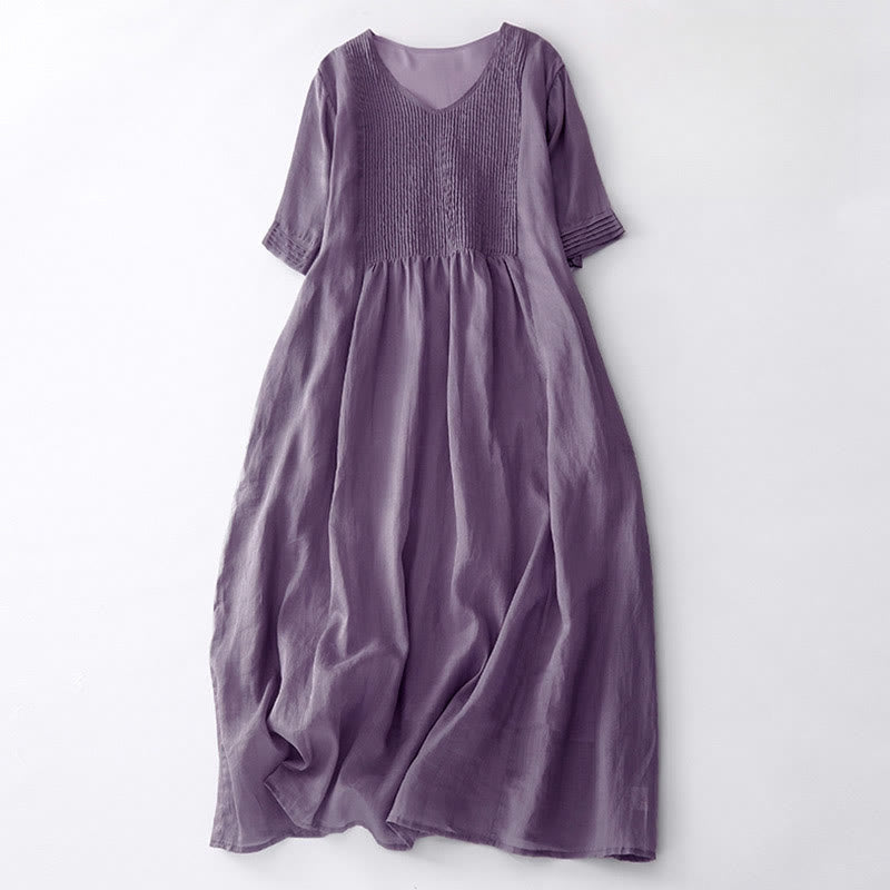 Buddha Stones Casual Accordion Pleat Plain V-neck Short Sleeve Cotton Midi Dress With Pockets - Plum - US14,UK/AU18,EU46 (2XL) - image 2