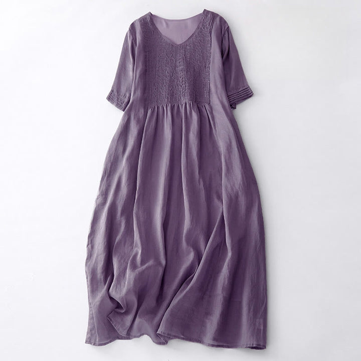 Buddha Stones Casual Accordion Pleat Plain V-neck Short Sleeve Cotton Midi Dress With Pockets - Plum - US14,UK/AU18,EU46 (2XL) - image 2
