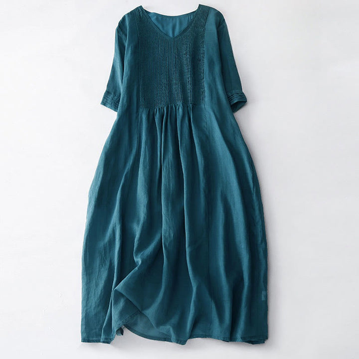 Buddha Stones Casual Accordion Pleat Plain V-neck Short Sleeve Cotton Midi Dress With Pockets - SteelBlue - US14,UK/AU18,EU46 (2XL) - image 37