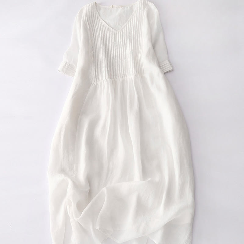Buddha Stones Casual Accordion Pleat Plain V-neck Short Sleeve Cotton Midi Dress With Pockets - Snow - US14,UK/AU18,EU46 (2XL) - image 45