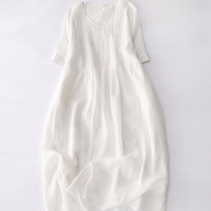 Buddha Stones Casual Accordion Pleat Plain V-neck Short Sleeve Cotton Midi Dress With Pockets - Snow - US14,UK/AU18,EU46 (2XL) - image 45