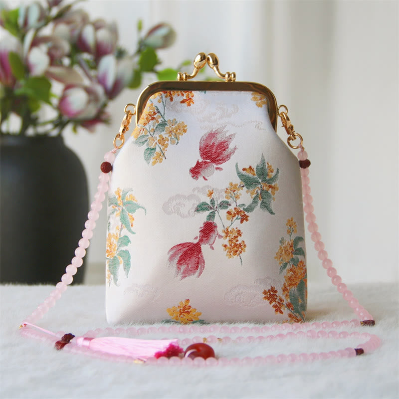 Buddha Stones Retro Chinese Embroidery Pearl Chain Crossbody Bag Shoudler Bag - Red Koi Fish Osmanthus 14*6*18cm - image 13