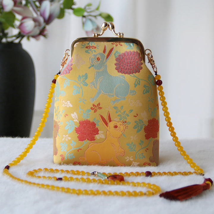 Buddha Stones Retro Chinese Embroidery Pearl Chain Crossbody Bag Shoudler Bag - Yellow Rabbit Red Flower 14*6*18cm - image 14