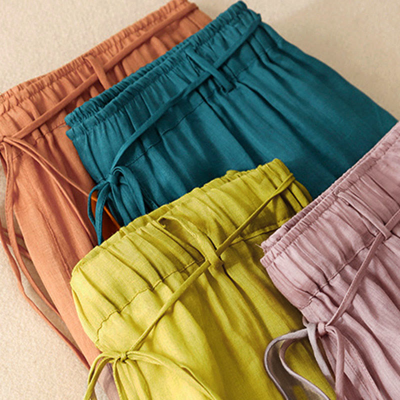 Buddha Stones Simple Design Drawstring Cotton Women's Wide Leg Pants With Pockets - image 8