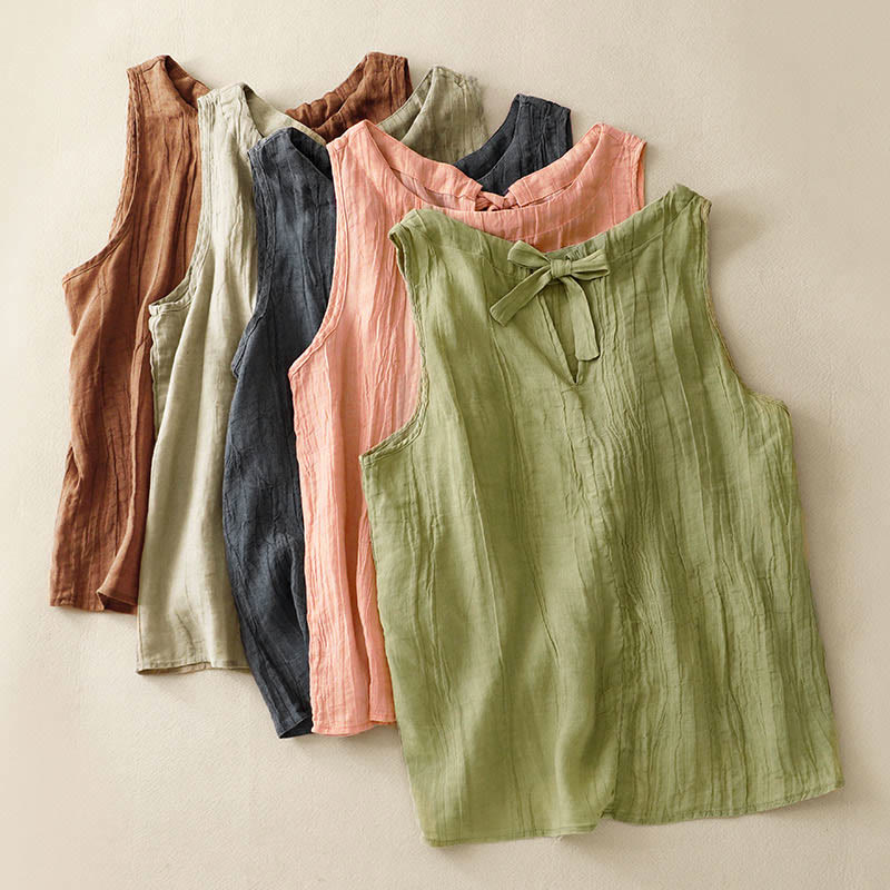 Buddha Stones Summer Pure Color Wrinkle Lace-up Sleeveless Vest Women's Waistcoat - image 6