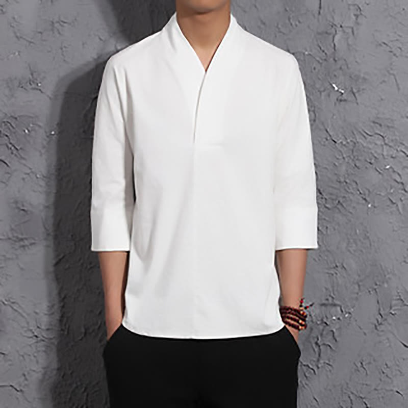 Buddha Stones Casual V-Neck Three Quarter Sleeve Shirt Cotton Men Clothing - White - US/UK/AU44,EU54 (5XL) - image 2