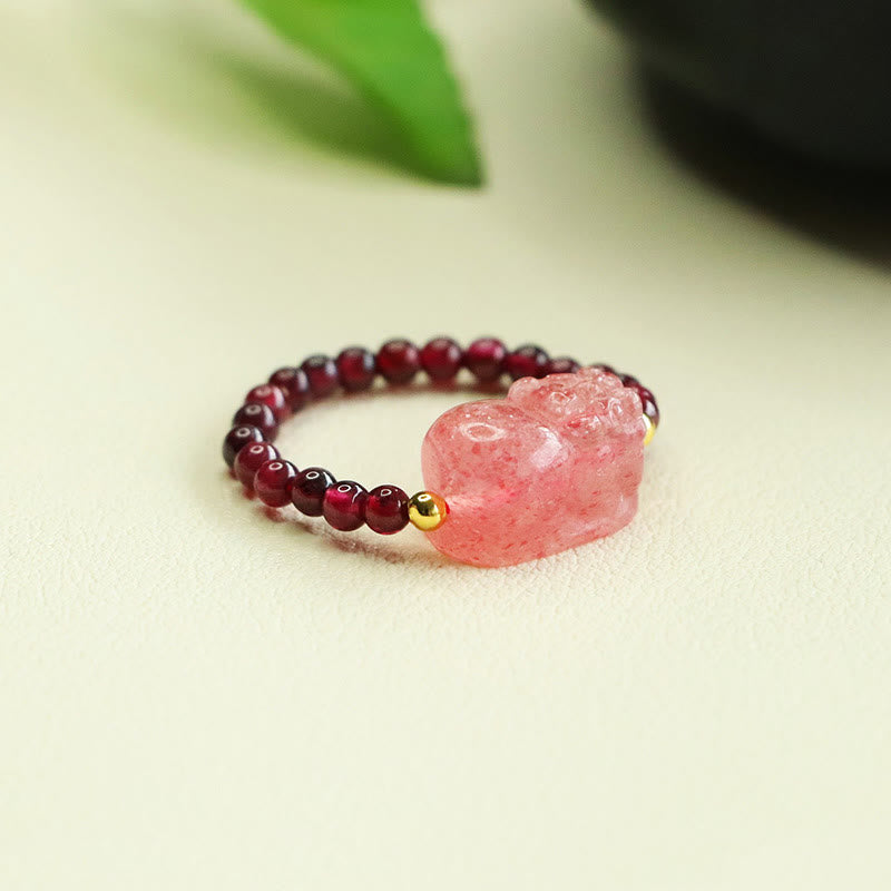 Buddha Stones Garnet Beads Strawberry Quartz Pixiu Protection Ring - image 3