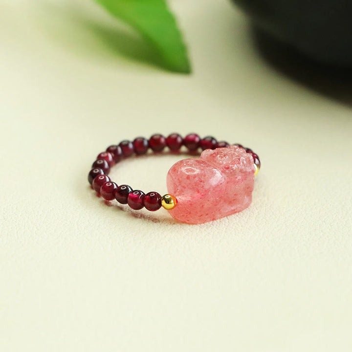 Buddha Stones Garnet Beads Strawberry Quartz Pixiu Protection Ring - image 3