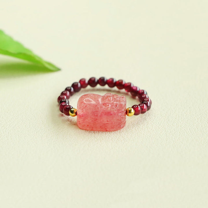 Buddha Stones Garnet Beads Strawberry Quartz Pixiu Protection Ring - Garnet Bead(Adjustable) - image 1