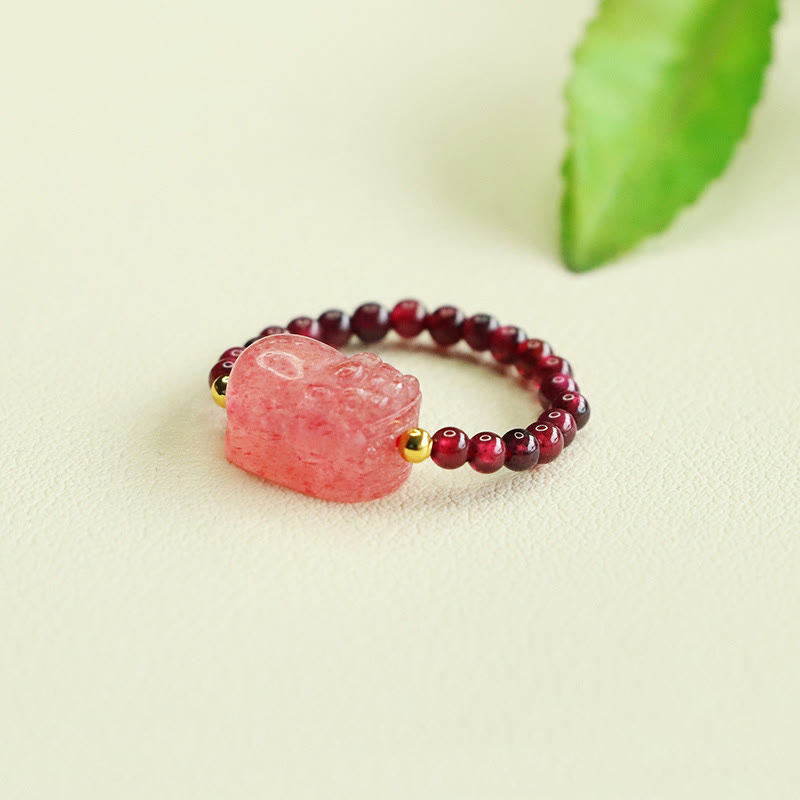 Buddha Stones Garnet Beads Strawberry Quartz Pixiu Protection Ring - image 5