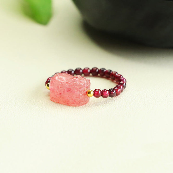 Buddha Stones Garnet Beads Strawberry Quartz Pixiu Protection Ring - image 4