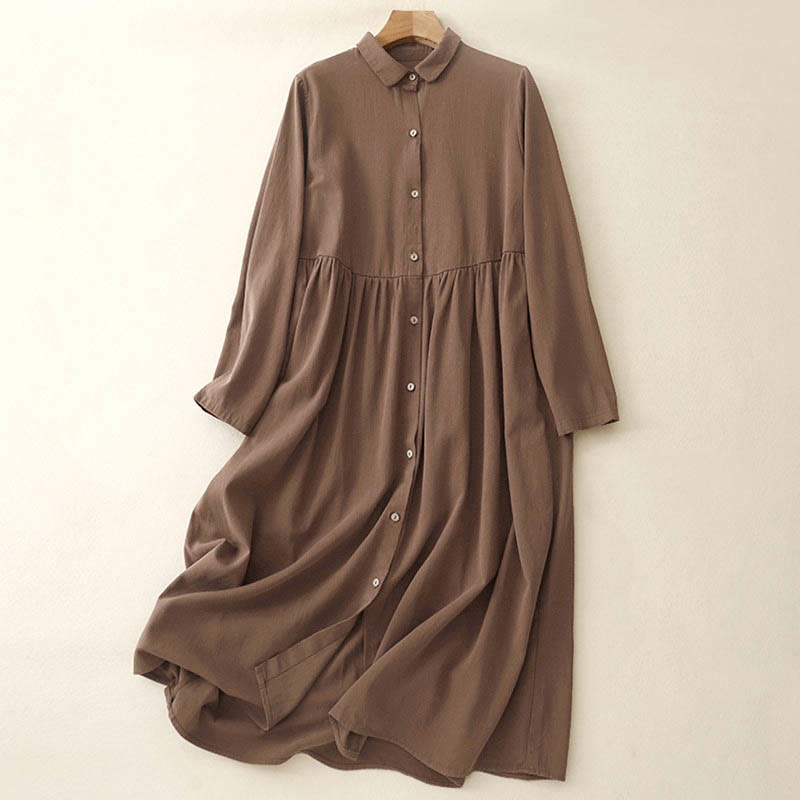 Buddha Stones Commute Long Sleeve Pure Color Button Design Lapel Cotton Midi Dress - SaddleBrown - US8-10,UK/AU12-14,EU40-42 (2XL) - image 9