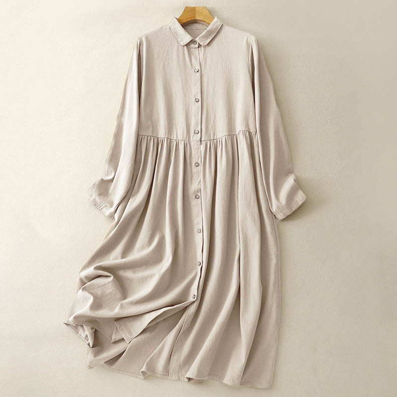Buddha Stones Commute Long Sleeve Pure Color Button Design Lapel Cotton Midi Dress - PaleGoldenrod - US8-10,UK/AU12-14,EU40-42 (2XL) - image 0