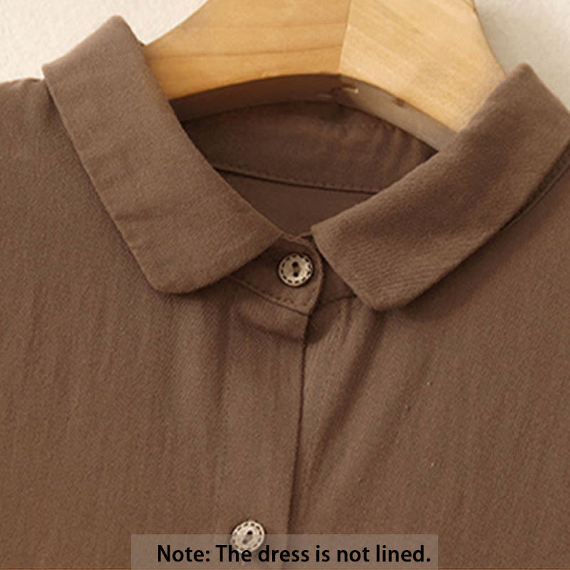 Buddha Stones Commute Long Sleeve Pure Color Button Design Lapel Cotton Midi Dress - image 10