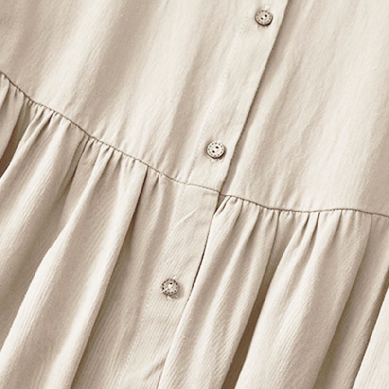 Buddha Stones Commute Long Sleeve Pure Color Button Design Lapel Cotton Midi Dress - image 2