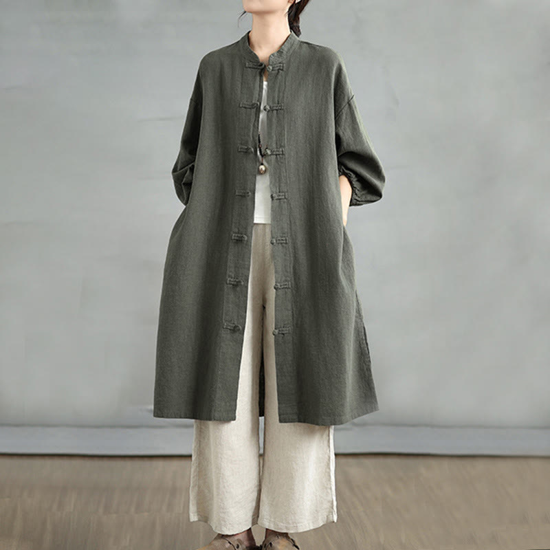 Buddha Stones Casual Frog-button Women's Cotton Linen Coat With Pockets - DarkOliveGreen - US12,UK/AU16,EU44 (2XL) - image 5