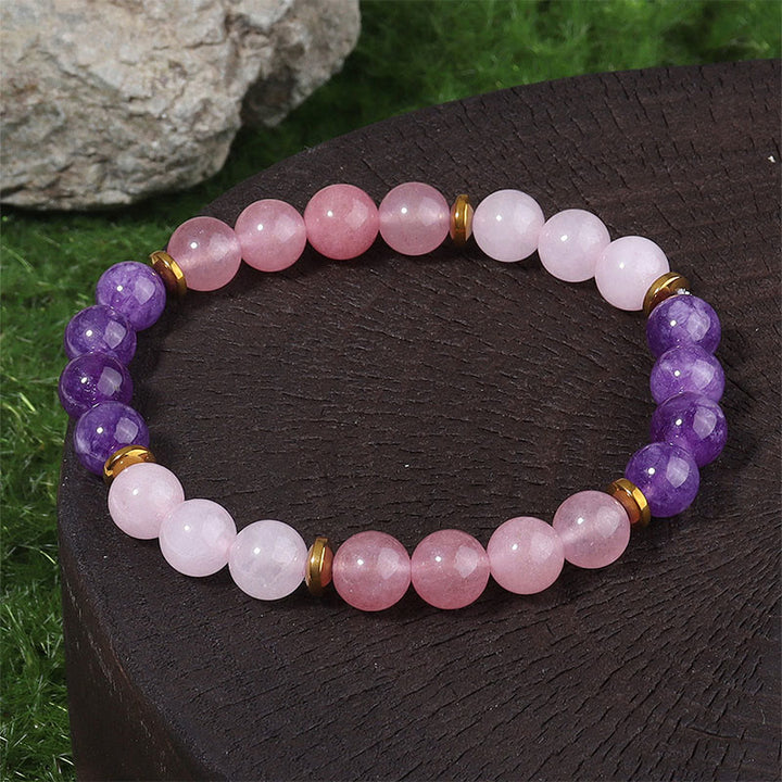 Buddha Stones Amethyst Strawberry Quartz Pink Crystal Beads Love Peace Bracelet - Amethyst & Strawberry Quartz & Pink Crystal (Wrist Circumference: 19-22cm) - image 0