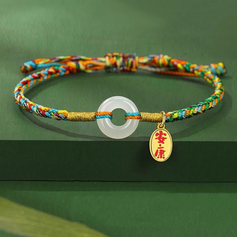 Buddha Stones Handmade Peace Buckle Jade Prosperity 925 Sterling Silver Colorful Rope Bracelet - Adult Style*1 - image 0