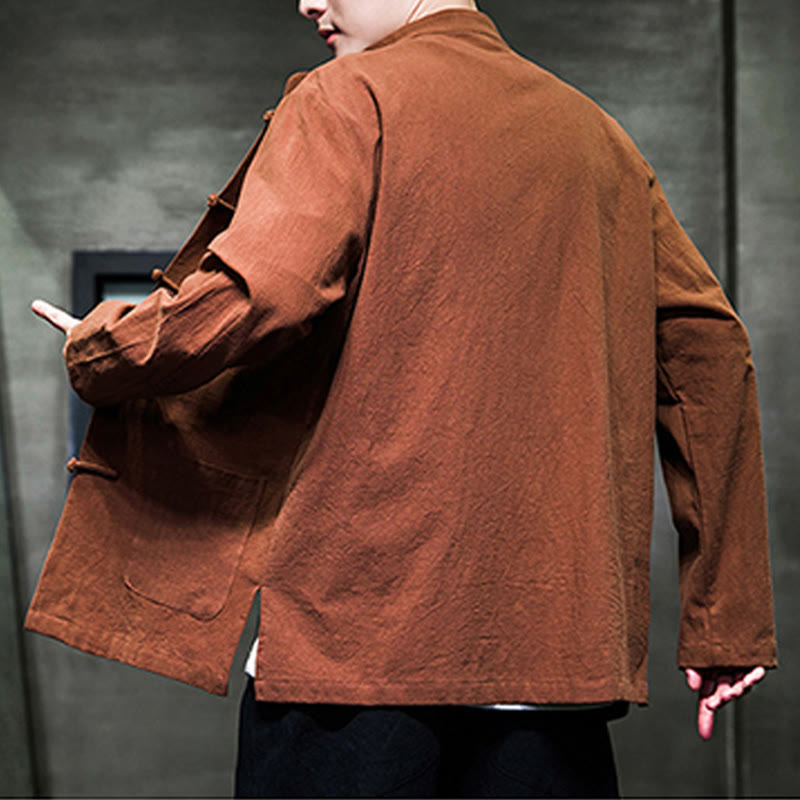 Buddha Stones Solid Color Frog-button Tang Suit Cotton Linen Men's Jacket Shirt With Pockets - image 24