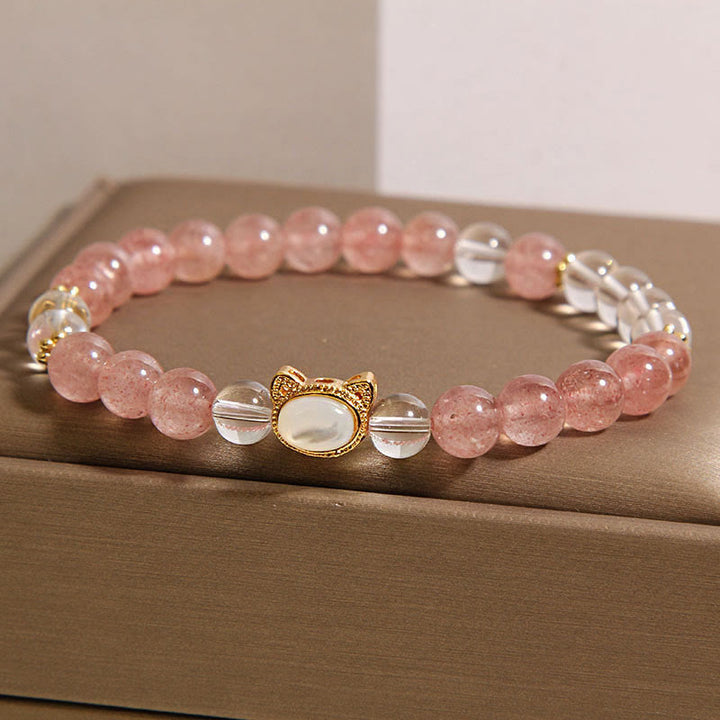 Buddha Stones Cat Natural Strawberry Quartz White Crystal Bead Healing Bracelet - image 1
