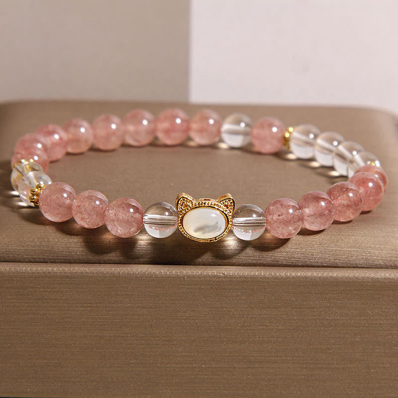 Buddha Stones Cat Natural Strawberry Quartz White Crystal Bead Healing Bracelet - Strawberry Quartz(Wrist Circumference:15-17cm) - image 0