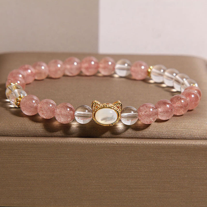 Buddha Stones Cat Natural Strawberry Quartz White Crystal Bead Healing Bracelet - Strawberry Quartz(Wrist Circumference:15-17cm) - image 0