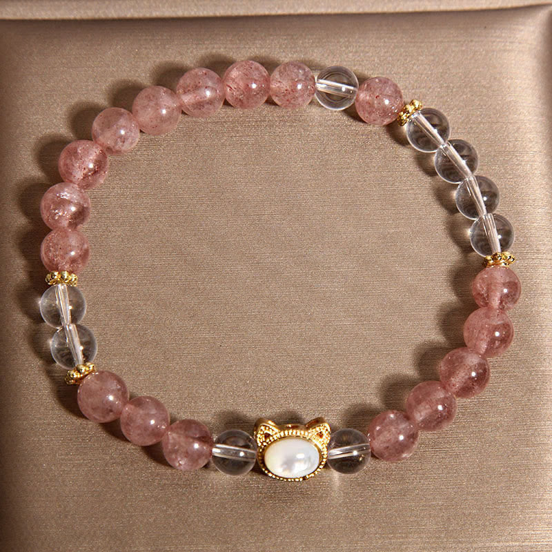 Buddha Stones Cat Natural Strawberry Quartz White Crystal Bead Healing Bracelet - image 2