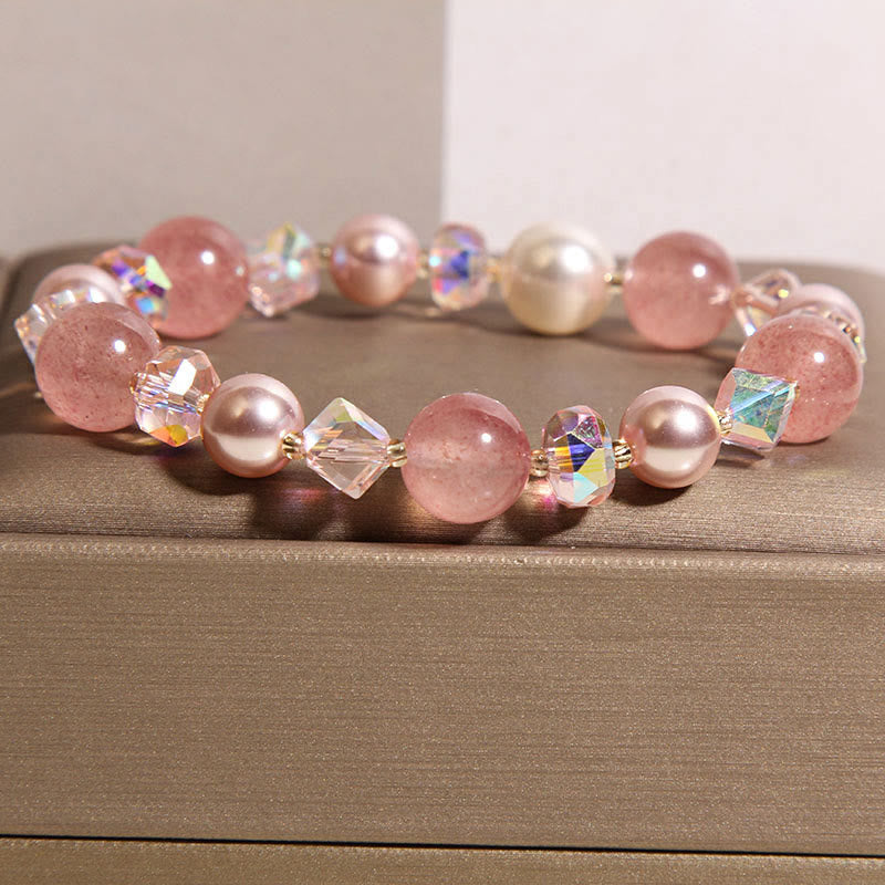 Buddha Stones Natural Strawberry Quartz White Crystal Pearl Positive Bracelet - image 3
