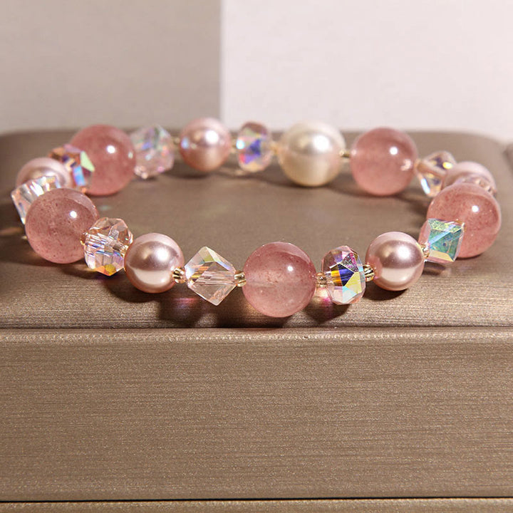 Buddha Stones Natural Strawberry Quartz White Crystal Pearl Positive Bracelet - image 1