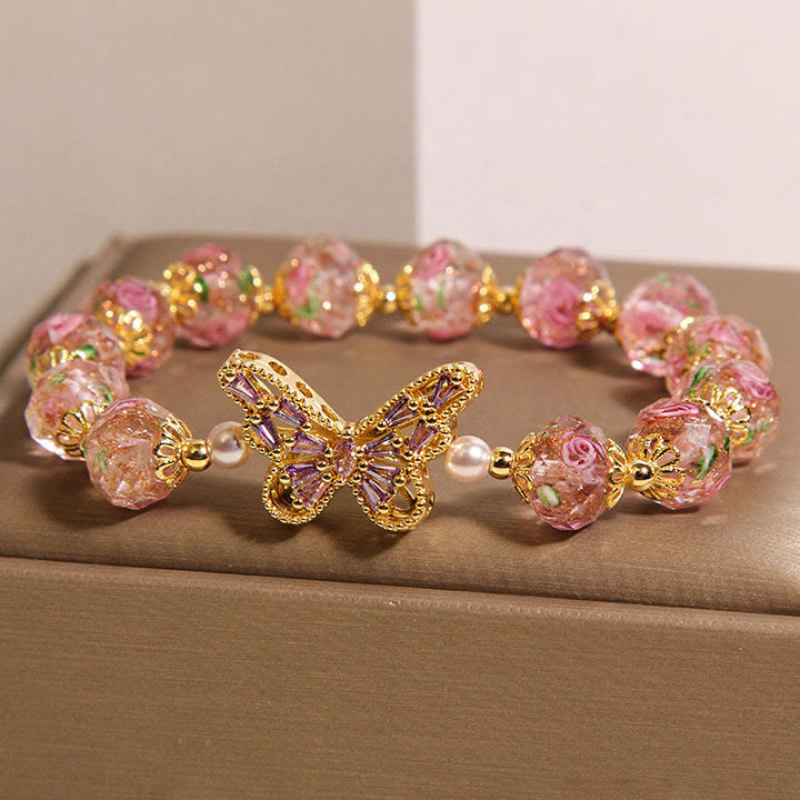 Buddha Stones Natural Butterfly Rose Design Pink Crystal Warmth Bracelet - image 1