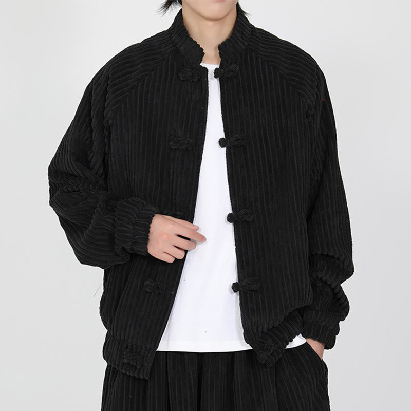 Buddha Stones Men's Chinese Plain Frog-Button Long Sleeve Cotton Corduroy Jacket With Pockets - Black - US/UK/AU46,EU56 (5XL) - image 0
