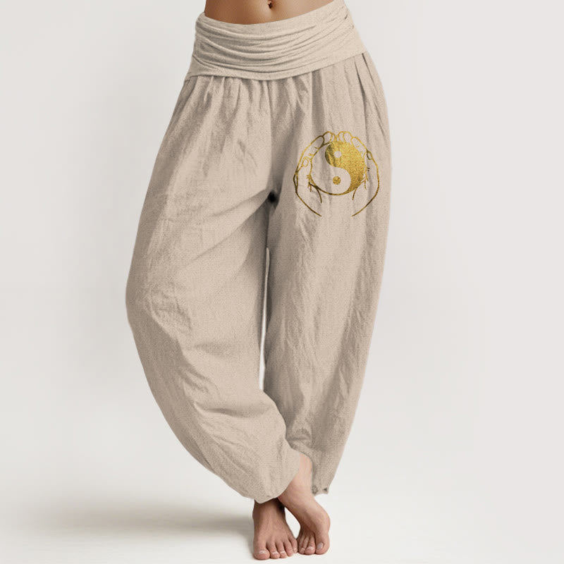 Buddha Stones Yin Yang Hand Pattern Women's Elastic Waist Harem Cotton Pants - Tan - US22,UK/AU26,EU54 (6XL) - image 11