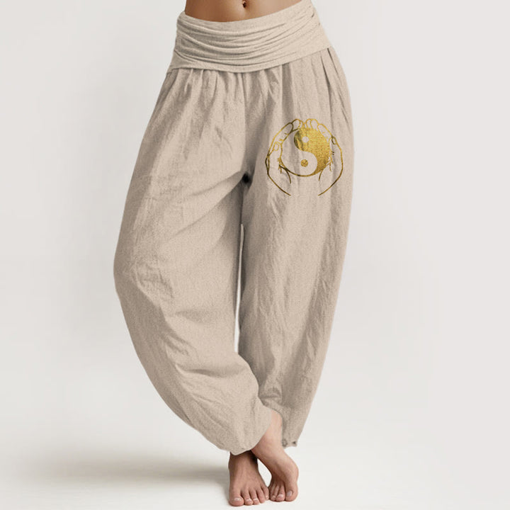 Buddha Stones Yin Yang Hand Pattern Women's Elastic Waist Harem Cotton Pants - Tan - US22,UK/AU26,EU54 (6XL) - image 11