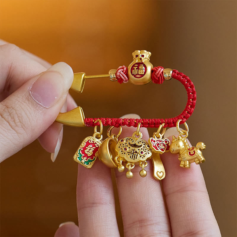 Buddha Stones Year Of The Horse Charm Fu Character Attract Fortune Ruyi Handle Brass Luck Brooch - image 2