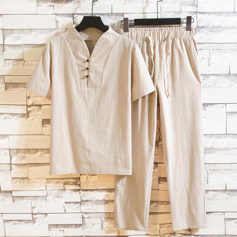 Buddha Stones 2Pcs Solid Color Cotton Button Short Sleeve T-shirt Pants Men's Set - AntiqueWhite - US/UK/AU46,EU56 (5XL) - image 11