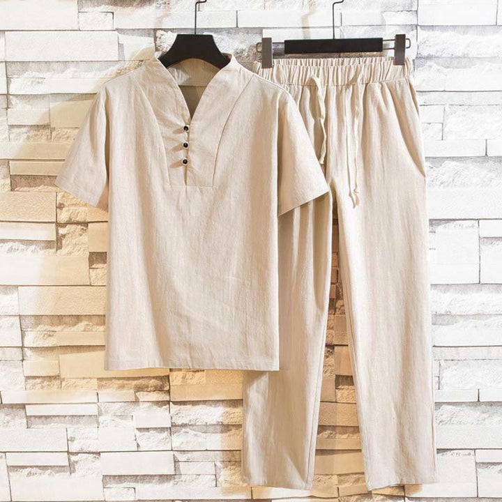 Buddha Stones 2Pcs Solid Color Cotton Button Short Sleeve T-shirt Pants Men's Set - AntiqueWhite - US/UK/AU46,EU56 (5XL) - image 11