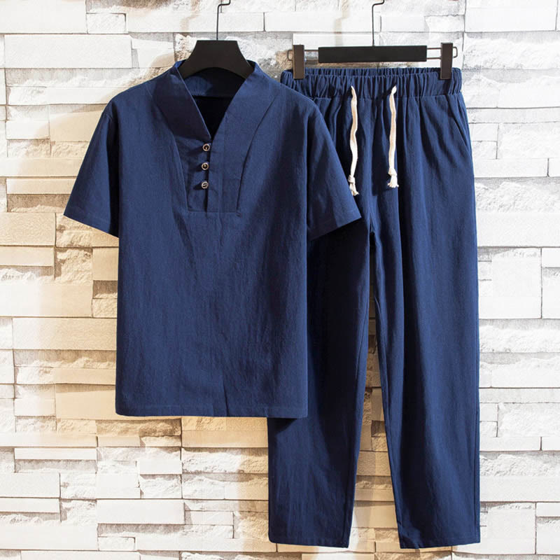 Buddha Stones 2Pcs Solid Color Cotton Button Short Sleeve T-shirt Pants Men's Set - SteelBlue - US/UK/AU46,EU56 (5XL) - image 12