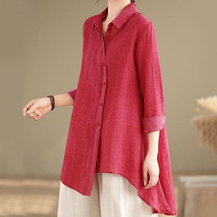 Buddha Stones Irregular Design Buttons Long Sleeve Women's Cotton Shirt - HotPink - US12,UK/AU16,EU44 (3XL) - image 6