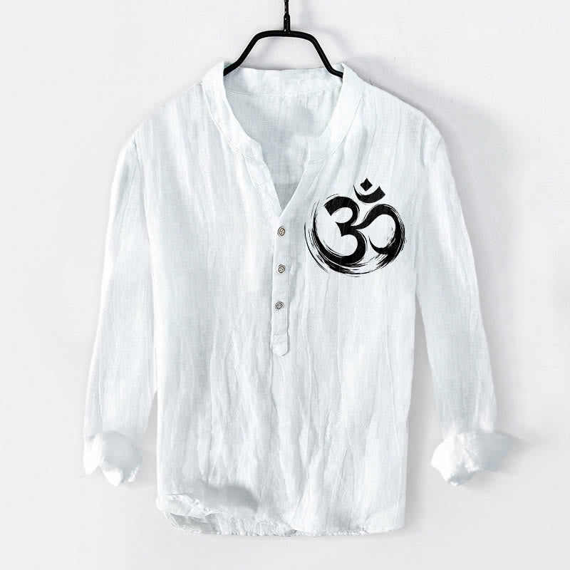 Buddha Stones Om Symbol Pattern Half Buttons Men's Cotton Linen Long Sleeve Shirt - White - US/UK/AU50,EU60 (5XL) - image 6