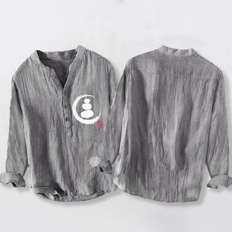 Buddha Stones Zen Stone Pattern Half Buttons Men's Cotton Linen Long Sleeve Shirt - image 2