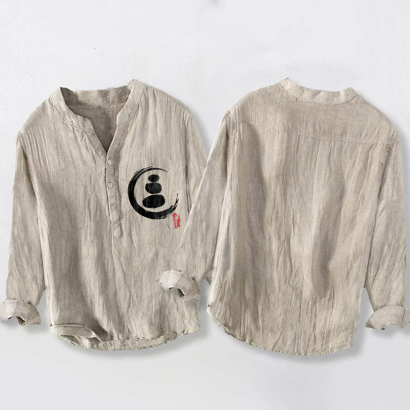 Buddha Stones Zen Stone Pattern Half Buttons Men's Cotton Linen Long Sleeve Shirt - image 5