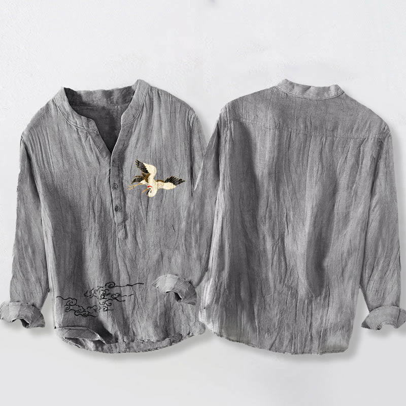 Buddha Stones Crane Auspicious Clouds Pattern Half Buttons Men's Cotton Linen Long Sleeve Shirt - image 2