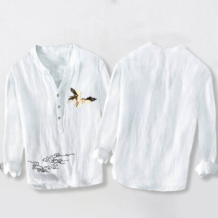 Buddha Stones Crane Auspicious Clouds Pattern Half Buttons Men's Cotton Linen Long Sleeve Shirt - image 8