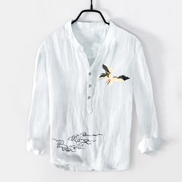 Buddha Stones Crane Auspicious Clouds Pattern Half Buttons Men's Cotton Linen Long Sleeve Shirt - White - US/UK/AU50,EU60 (5XL) - image 6