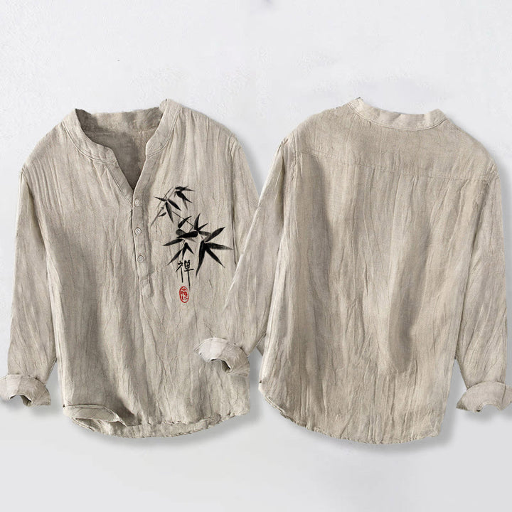 Buddha Stones Bamboo Zen Character Pattern Half Buttons Men's Cotton Linen Long Sleeve Shirt - image 2