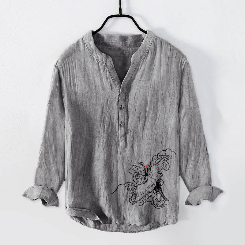Buddha Stones Red-crowned Crane Clouds Pattern Half Buttons Men's Cotton Linen Long Sleeve Shirt - Gray - US/UK/AU50,EU60 (5XL) - image 3