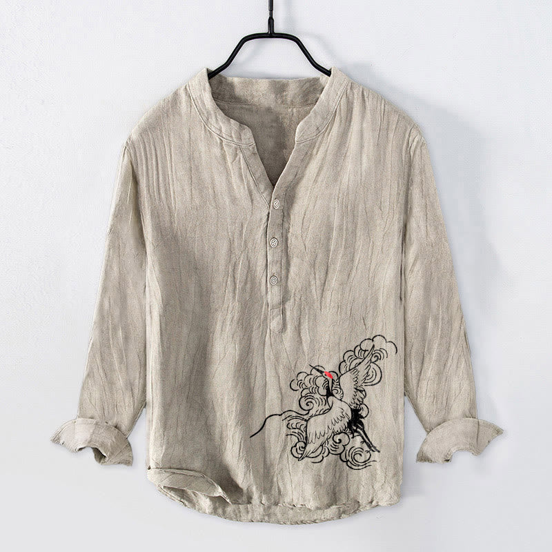 Buddha Stones Red-crowned Crane Clouds Pattern Half Buttons Men's Cotton Linen Long Sleeve Shirt - Linen - US/UK/AU50,EU60 (5XL) - image 0